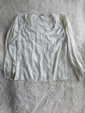 Cato Women's White Long Sleeve Ruffled V-Neck Blouse with Shirred Cuffs